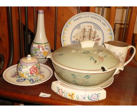 Mid-century Poole Pottery tableware, inc. a large tureen (approx. 28cm diameter), a vase and a Broadstone Golf Club prize win