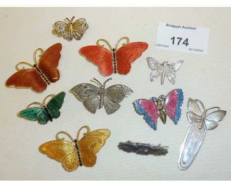 Enamel butterfly brooches, some silver 