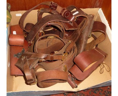 WW2 leather military Royal Artillery uniform accessories, leather Sam Browne belts, frog, pistol holster etc.