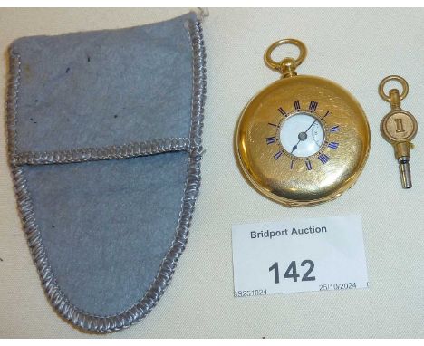 18ct gold cased half-hunter pocket watch. Chip to enamel on dial and missing seconds hand. Has enamelled monogram. Approx wei