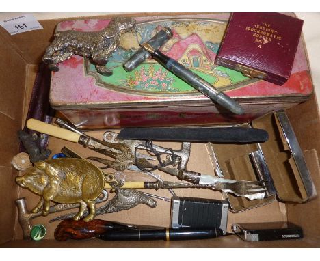 Box of miscellaneous including a Burnham 54 pen with 14ct gold nib, and an Ensign camera lens in case