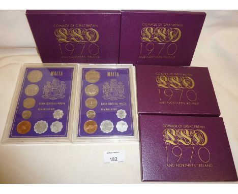 Four Royal Mint cased sets of 1970 pre-decimal coins and two similar Maltese coin sets for 1972