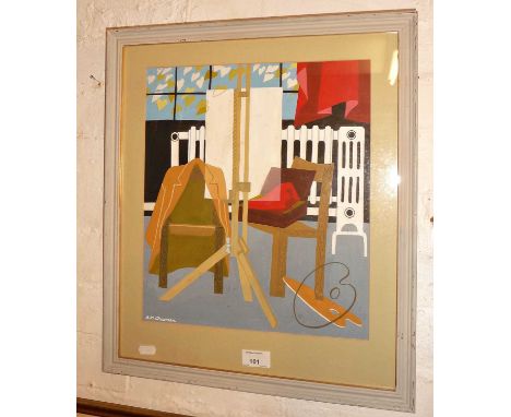 A 20th c. abstract gouache painting of an artist's studio by B.M. Cheesman