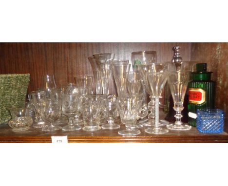 Collection of assorted drinking glasses and custard cups including early wine glass on double air twist stem