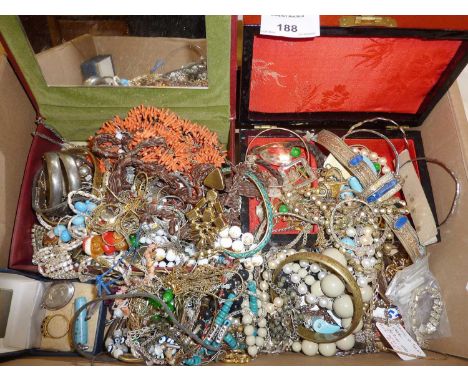 Two jewellery boxes containing vintage costume jewellery 