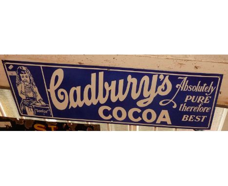Enamel sign advertising "Cadburys Cocoa - absolutely pure therefore Best", 26" x 12"