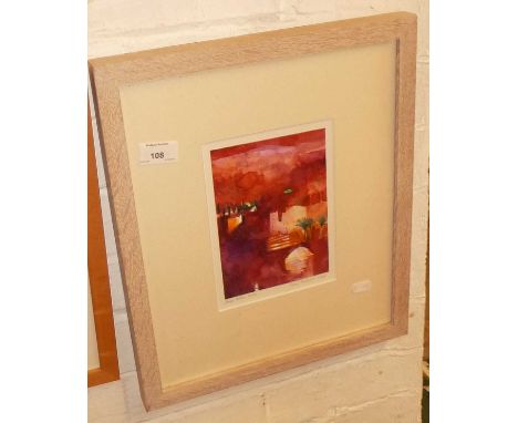 Contemporary coloured print by Gerry Dudgeon titled "High Atlas Reds" and a watercolour of a village by David Risk Kennard