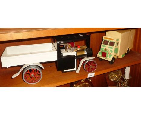 Mamod steam wagon and a homemade painted wooden toy truck