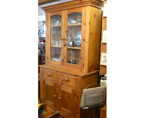 Pine kitchen dresser with two-door glazed upper section, 102cm wide x 192cm high