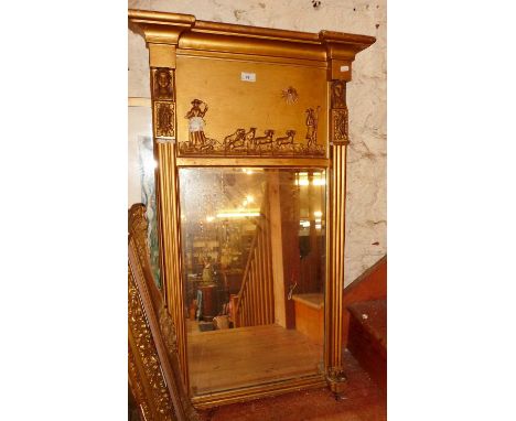 Regency pier mirror with pastoral gilt gesso scene to top panel flanked by Egyptian headed plaster strips, 40" tall x 25" wid