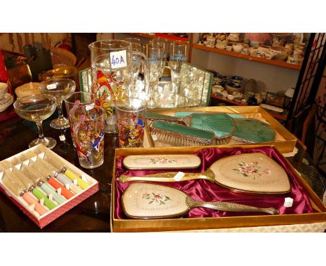 Assorted mid-century drinking glasses, ie. Babycham and Snowball with 2 boxed hairbrush and mirror sets