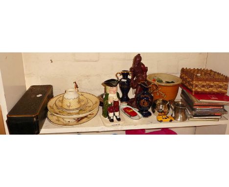 Assorted items inc. Mintons 'Byron' tea cup, saucers and plates, a Japanese carved hardwood figure etc