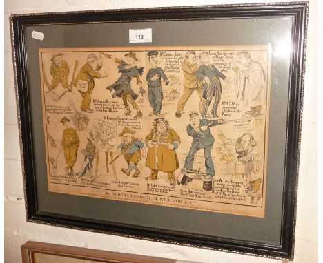 Framed WW1 humorous cartoon of notable figures titled "Mr Punch's National Service For All"