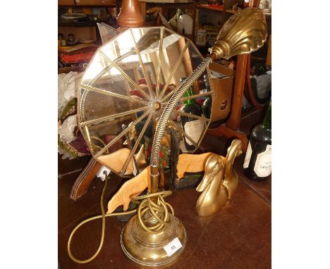 Brass adjustable desk lamp, 2 x bookends and a brass mirror