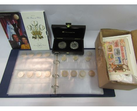 An album containing commemorative and limited edition £2, £1 and 50p coins including Beatrix Potter, WWI, WWII, etc and a box