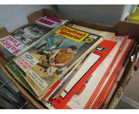 A box of mixed magazines including 'Practical Motorist', 'Safety Fast' and 'La Automobile' etc