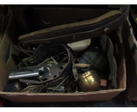 A box of metalwares including horse brasses, Eastern dish and hip flask etc.