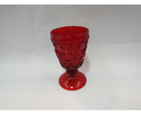 A pressed water goblet, the ruby red bowl with raised decoration, 15cm tall