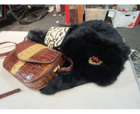 A Russian bearskin hat, an alligator skin handbag and a snakeskin purse  (3)