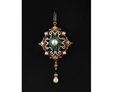 the emerald and pearl flowerhead cluster is set within a pierced scrolling surround with black and white enamel decoration, q