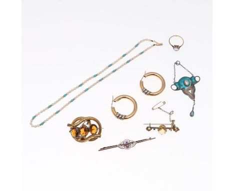 including a turquoise and cultured pearl necklace, a pair of 9ct gold hoop earrings, 7.4 grams, a Victorian citrine and gold 