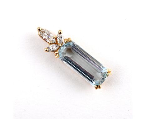 the rectangular-shaped step-cut aquamarine is mounted with three marquise-cut diamonds in 18ct gold, 2.8cm long. ** No obviou