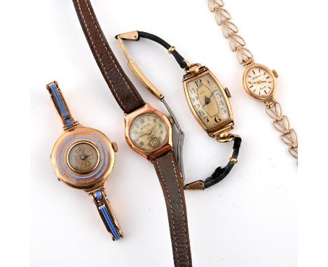 the circular dial with Arabic numerals, with pale blue enamel decoration to the front case and gold expanding bracelet, 25.7 