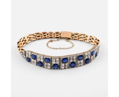 the panel bracelet set with circular-cut sapphires and millegrain set with circular old-cut diamonds, on a 15ct gold gate lin