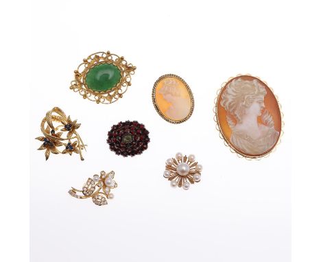 3cm long, together with a gold and sapphire foliate brooch, 3.5cm wide, a carved shell cameo brooch in a 9ct gold mount, 4.5 
