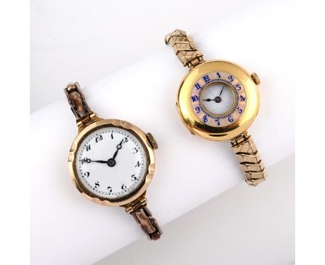 the circular white enamel dial with Arabic numerals, on a gold expanding bracelet, 25m dia., 19.5 grams, together with a Swis