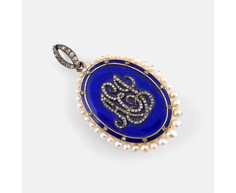 the oval-shaped blue guilloche enamel with applied rose-cut diamond initials within a border of  small pearls, rose-cut diamo