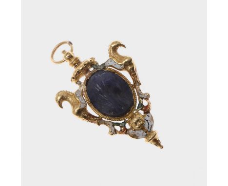 depicting a classical woman to one side, a classical man to the other side, the gold frame mounted with two eagles, 2.5cm wid
