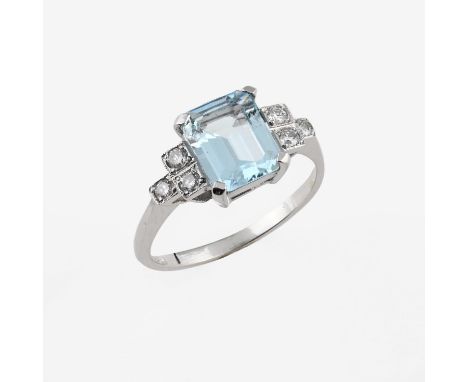 the step-cut aquamarine is set with three circular-cut diamonds to each shoulder, in platinum. Size N. ** No obvious damage o