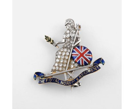mounted with single-cut diamonds, with red, white and blue enamel decoration, in gold, 3cm high In fitted case by the Goldsmi