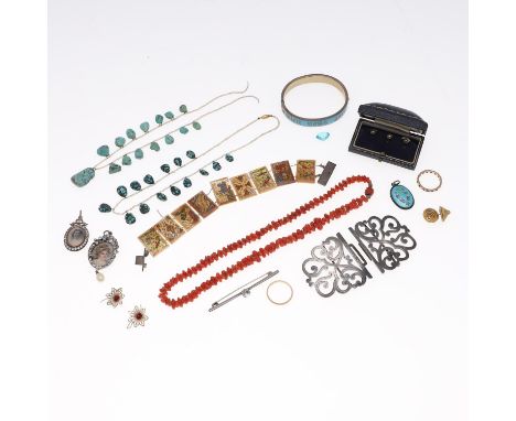 including a coral necklace, 22.6 grams, a mother of pearl panel bracelet, a silver buckle, hallmarked for Birmingham 1900, tw