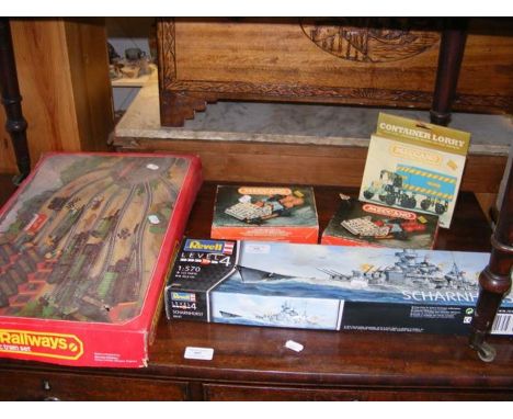 A boxed Hornby Railways Electric Train Set, assorted vintage Meccano and a Revell Scharnhorst model 