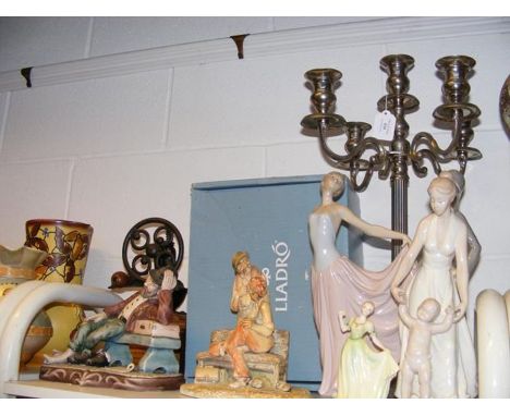 A medley of collectables, including Lladro and Coalport figures, a coffee grinder, etc. 