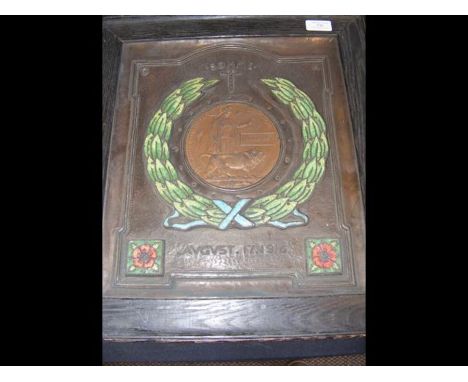 A framed and mounted death plaque to Donald Ross, in unusual hammered copper and enamel mount - 36cm x 32cm
