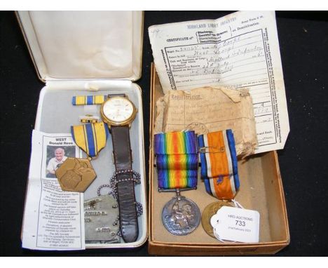 Two First World War medals to Private C. West with paperwork, together with an American military merit medal, dog tags - Dona