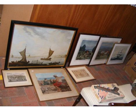 Assorted pictures including hunting scenes and tall ships, also including antique engraving of Ryde, Isle of Wight
