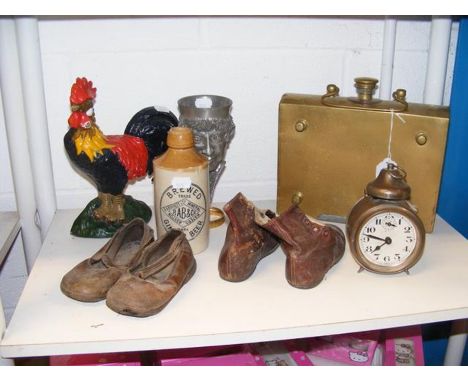 Two pairs of vintage children's shoes, a cast iron rooster doorstop and other collectables 