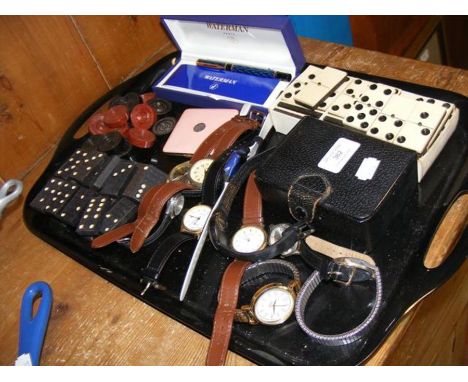 Assorted collectables including dominoes, coins, watches and ladies compact