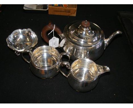 A three piece silver tea set by R &amp; W Sorley (London, 1936) comprising tea pot, milk jug and sugar bowl, together with a 