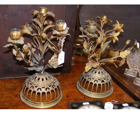A pair of 38cm high decorative gilt metal flower candelabra 