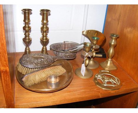 A silver napkin ring, silver brush and hairbrush together with a medley of brassware