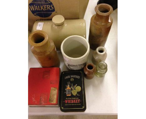 A quantity of vintage stoneware jars, a stone hot water bottle and 2 tins.