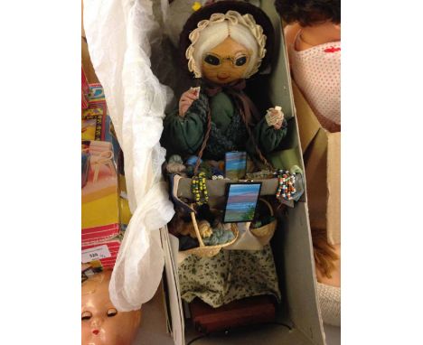Hand made vintage Pedlar doll with wooden head - full tray of miniature sewing items including thread, wool, ribbon and tiny 
