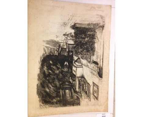 An unframed vintage block print engraving of a German village scene - signed in pencil to the border. 28x21cm