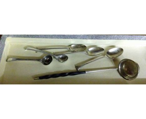 6 assorted silver spoons to include a pair of salt spoons and a sauce ladle with ebony twisted handle. Total weight approx 78
