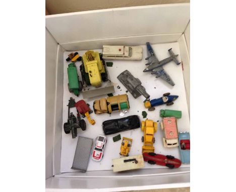 A box of playworn diecast to include Dinky, Corgi, Matchbox